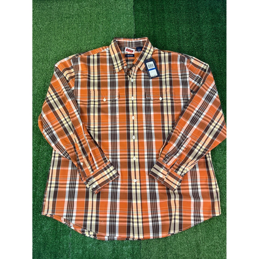 NWT IZOD Mens Varsity Plaids Button Down Shirt Orange Copper Thrill XL